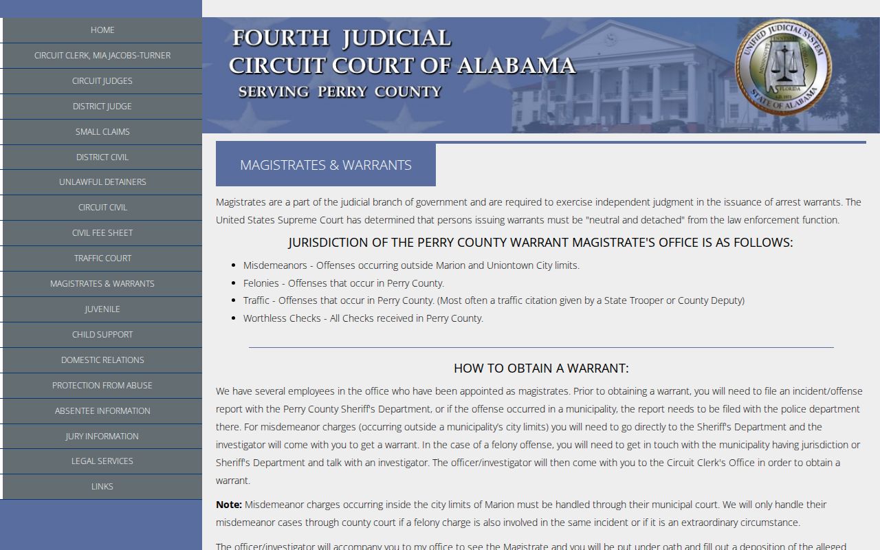 Perry County criminal docket magistrate and warrant information