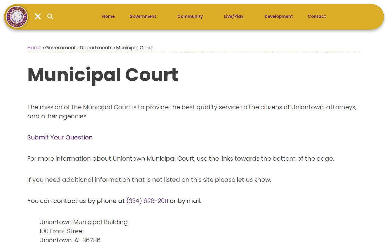 Uniontown Municipal Court record contact page
