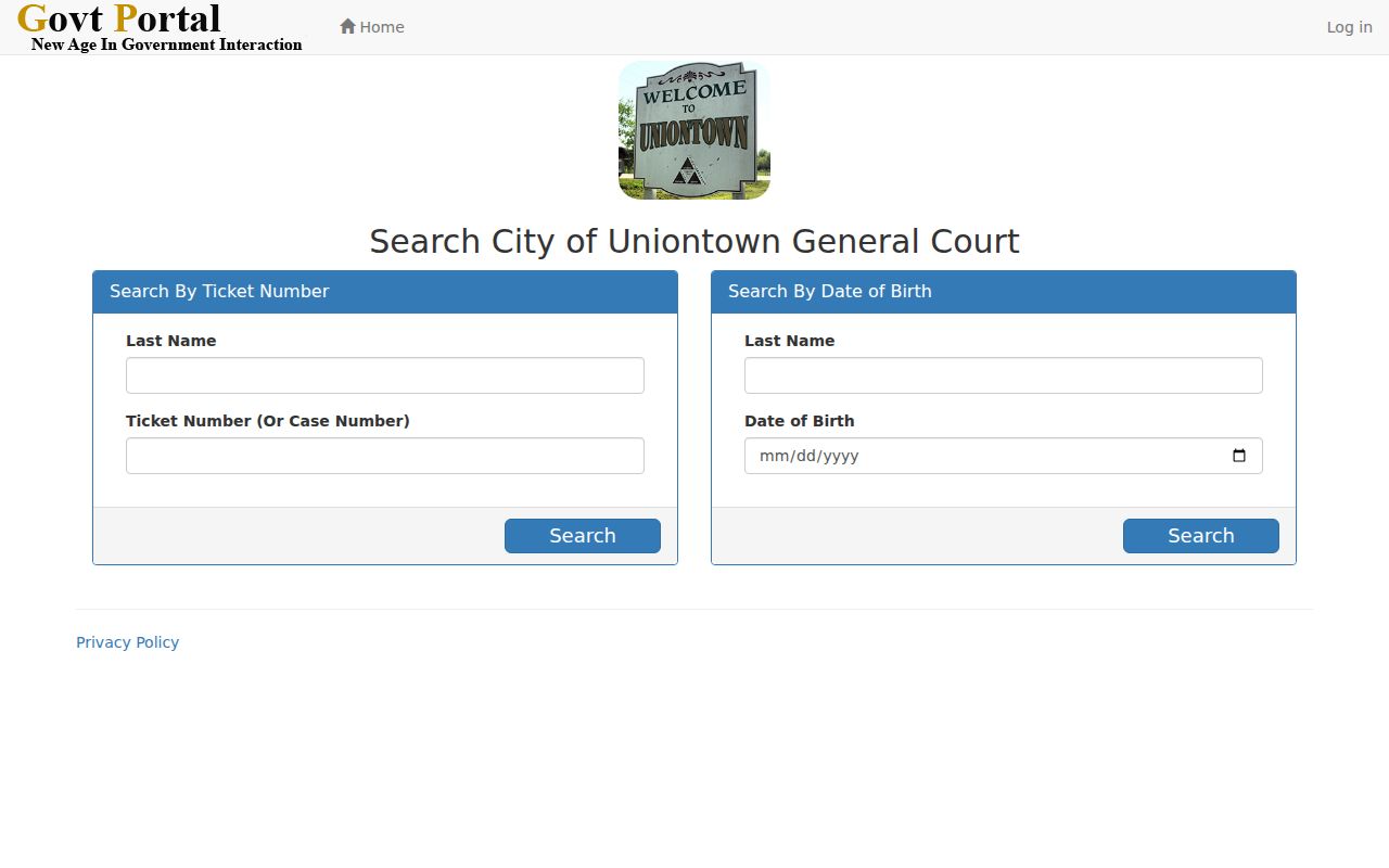 Uniontown court docket ticket and case search fields
